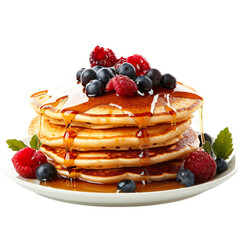 Wall Mural - Front view of a stack of pancakes with syrup and berries, isolated on a white transparent background.