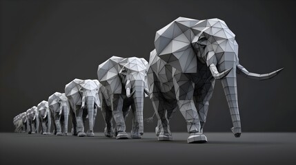 Wall Mural - Flaming Geometric Elephant Leading a Herd Through Dynamic 3D Landscape