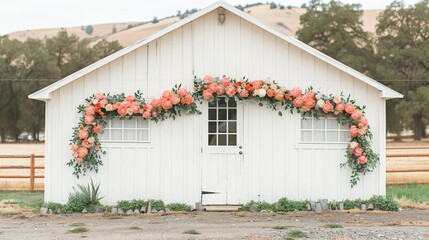 Garden wedding reception with wooden chairs and a flower backdrop