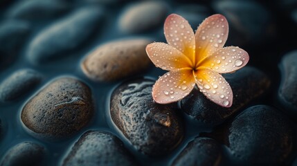 Serenity and relaxation concept with a flower on smooth pebbles in a spa background Generative AI