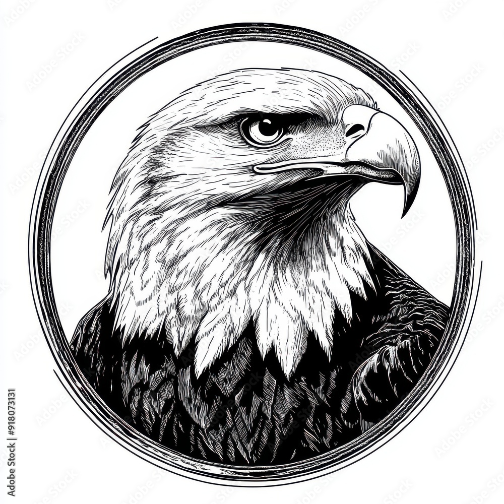 Black and white Vintage engraved art of an eagle in a circular stamp ...