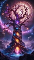 Wall Mural - Background A cosmic expanse filled with swirling nebulae, intricate cosmic designs, and floating celestial bodies. The scene exudes an aura of ancient, mystical power, highlighting the tree's crucial 