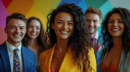 Diverse group of friends smiling and looking happy.