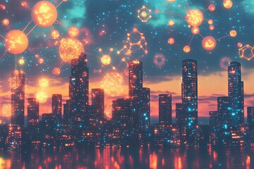 Poster - A colorful skyline glows with molecular designs as dusk settles over the urban landscape. Generative AI