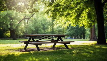 Poster - Empty picnic table with sunlight in the park at sunny day
