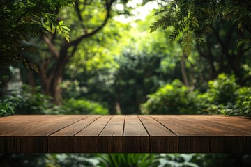 Wall Mural - Wooden Tabletop Overlooking a Lush Green Forest