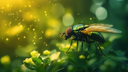 Wall Mural - Fly on a Green Leaf with Golden Bokeh