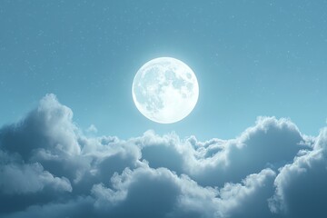 full moon shining brightly through fluffy clouds in a black and white night sky.