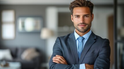 Wall Mural - Young professional in a suit standing confidently in a modern office during daytime