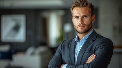 Professional man in suit standing confidently in a modern office setting