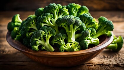 Fresh green broccoli florets in a bowl on wooden background.
