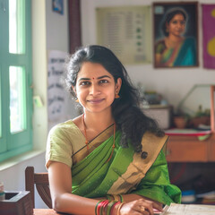 Wall Mural - Indian female teacher sitting confidently at office or classroom