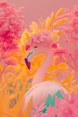 Wall Mural - Summer concept of tropical exotic animal, pink flamingo swimming.