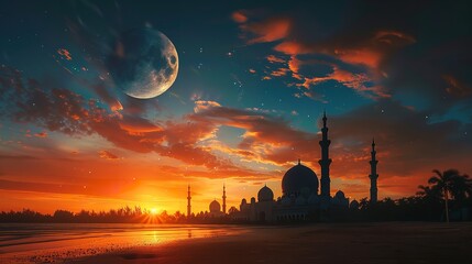 Wall Mural - Glowing mosque under a starry night sky, night photography, long exposure, vibrant colors, breathtaking, majestic architecture, illuminated, spiritual Holy View.