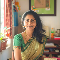 Wall Mural - Indian female teacher sitting confidently at office or classroom