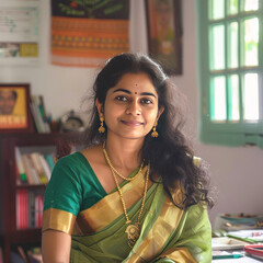 Wall Mural - Indian female teacher sitting confidently at office or classroom