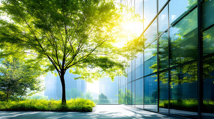 Poster - Green tree beside a modern glass building.