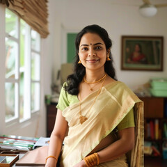 Wall Mural - Indian female teacher sitting confidently at office or classroom