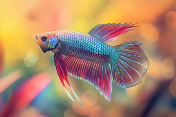 Vibrant, iridescent betta fish with flowing fins against a soft, colorful background.