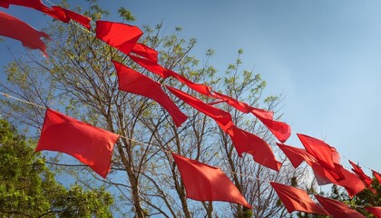 many red flags flattering on tree branches high in the sky