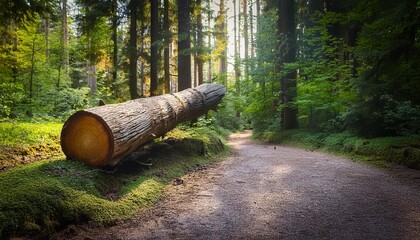 old fallen sawn tree on a path in the forest