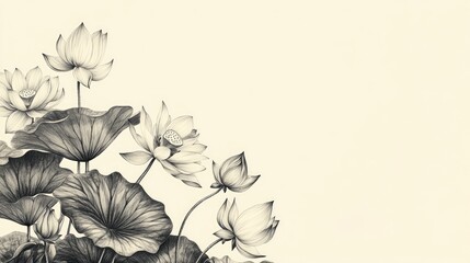 Detailed vintage sketch of a lotus flower border, capturing the beauty and elegance of traditional botanical illustrations.