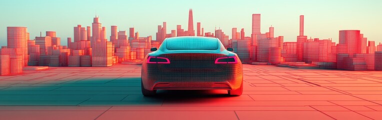 A sleek car navigates through a vibrant wireframe cityscape at dusk