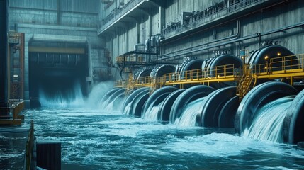Poster - Industrial facility with hydro turbines, actively testing water flow for efficient energy generation.