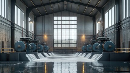 Poster - Industrial facility with hydro turbines, actively testing water flow for efficient energy generation.