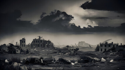 A desolate landscape depicting ruins of buildings and debris under a moody sky. The scene conveys a sense of devastation and abandonment, with scattered vehicles and remnants of structures.