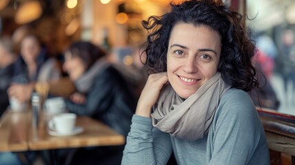 Wall Mural - Woman Smiling in a Cozy Cafe, Enjoying a Relaxing Moment with Friends and Coffee