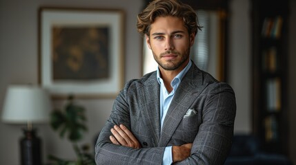 Wall Mural - Confident young man in a smart blazer standing with arms crossed in a stylish living room