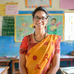 Wall Mural - indian female teacher standing at classroom in saree