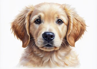 Wall Mural - Whimsical watercolor portrait of an adorable golden retriever puppy, isolated on a transparent white background, showcasing its gentle features and sweet expression.