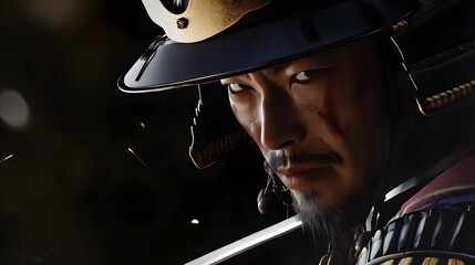 Close-up of a male samurai warrior with focused gaze and battle scars.