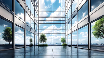 Sticker - Modern glass building interior with city view.