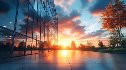 Wall Mural - Modern glass building reflecting sunset sky.