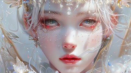 Poster - Fantasy Portrait of a Young Woman with White Hair and Sparkling Details