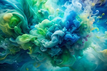 Poster - Vibrant watercolor splatters in shades of blue and green swirling together to create a stunning abstract background with soft, dreamy, ethereal textures.