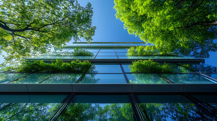 Wall Mural - Modern glass building with trees reflected in windows.