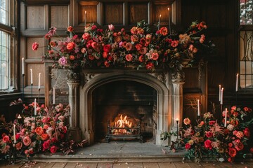 Poster - gothic wedding backdrop with a grand fireplace, dark flowers, and candles creating a dramatic and moody ambiance