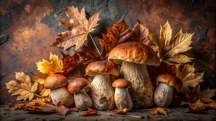 Poster - Autumnal still life featuring Porcini mushrooms arranged with rust-hued leaves on a dark, textured background, evoking a rustic, seasonal atmosphere with ample space.