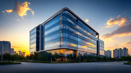 Sticker - Modern glass office building at sunset.