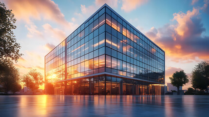 Sticker - Modern glass office building at sunset.