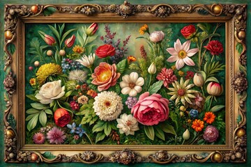 Sticker - Whimsical vintage artwork featuring intricately illustrated flowers, lush greenery, and bold graphic patterns in a distressed, ornate frame, evoking nostalgia and elegance.