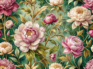 Sticker - Exquisite vintage botanical pattern features luxurious peonies with delicate petals and lush foliage on a picturesque wallpaper with golden lines and lovely garden illustration.