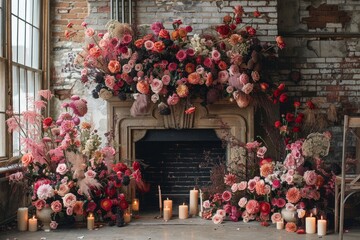 Poster - gothic wedding backdrop with a grand fireplace, dark flowers, and candles creating a dramatic and moody ambiance