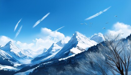 Wall Mural - a beautiful mountain landscape with a blue sky and a few birds flying in the background anime drawing the mountains are covered in snow and the trees are bare the scene is peaceful and serene