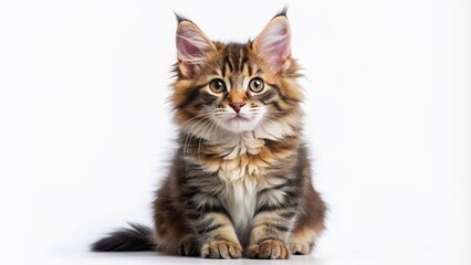 Wall Mural - Adorable Maine Coon kitten with lush fluffy fur sits alone on a white background, showcasing its cute whiskers, pink nose, and bright inquisitive eyes.