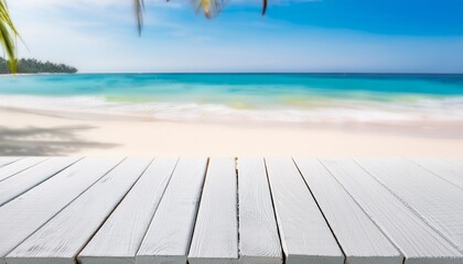 Wall Mural - white wood table with summer beach background for product display